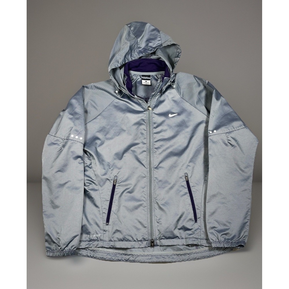 Nike Women's Silver Gray Hooded Varsity Jacket with Purple Accents